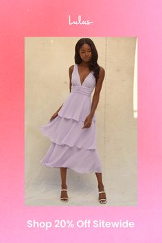 Any event will feel like a celebration when you're in the Lulus Celebration Time Lavender Sleeveless Tiered Midi Dress! Woven chiffon shapes this chic dress that has wide straps, a V-neckline (and back), and a fitted bodice. A gathered waist tops an A-line midi skirt that's accented with flouncy tiers. Hidden side zipper/clasp. Fit: This garment fits true to size. Length: Mid-calf length. Size medium measures 51" from shoulder to hem. Bust: Great for any cup size. Waist: Fitted - very fitted at natural waist. Hip: Not Fitted - fuller skirt allows room for hips. Undergarments: May be worn with an adhesive bra, petals, or no bra. Fabric: Fabric has no stretch. Fully lined. Shell: 100% Polyester. Lining: 100% Polyester. Hand Wash Cold. Do Not Bleach. Line Dry. Iron Low Heat. Imported. Lulus | Purple Midi Dress, Chiffon Midi Dress, Dress Chiffon, Adhesive Bra, Tiered Midi Dress, Dress Purple, Cup Size, Wide Straps, Chic Dress