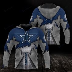 an all over print blue and white hoodie with the words cowboys on it, in front of a dark background