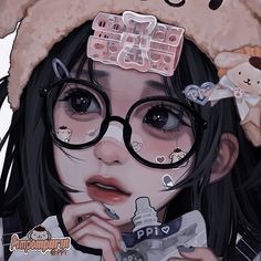 a girl with glasses and a hat on her head