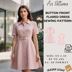 Shirt Dress Pattern Button Down Shirt Collar Dress Pattern Cottagecore Dress Sewing Pattern, Button Front Dress,Million Button Dress, XS-4XL:   Available as an instant download (pdf) sewing pattern bundle with a range of size options, including plus sizes ⭐US Sizes: 2, 4, 6, 8, 10, 12, 14, 16, 18, 20, 22, 24, 26, 28, 30 ⭐Standard Sizes: XS, S, M, L, XL, 2XL, 3XL, 4XL ⭐These patterns are suitable for A4, A0, and US Letter size papers. ⭐Once your payment is processed, you will automatically receive download links for the pattern files. Please note that you can only download the files from a computer; they will not work on a phone or iPad. ⭐This is a digital product. You will receive zip files containing the patterns and sewing instructions. ⭐Due to the nature of digital downloads, no refund, Diy Shirt Dress Pattern, Collar Patterns For Dresses, Button Down Dress Pattern Free, Pink Collared Dress With Buttons, Sweetheart Neckline Shirt, Button Front Dress Pattern, Button Front Dress Sewing Pattern, Retro Collared Dress With Button Closure, Classic A-line Shirt Dress With Button Closure