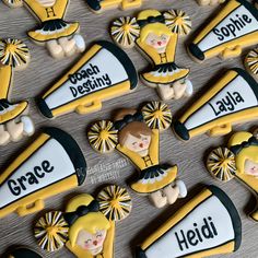 decorated cookies with images of children in school uniforms and words grace, heidl