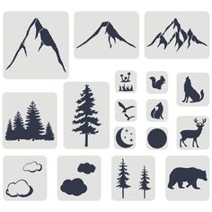 the silhouettes of different animals and trees are shown in this image, including mountains