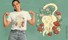 Cottagecore cat t-shirt design Cottagecore Cat, Flowers And Mushrooms, Cat Walking, Surrounded By Flowers, Cottagecore Style, Design Wallpaper