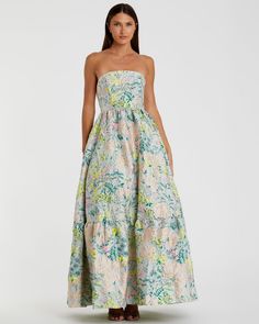 Floral Brocade Strapless A Line Gown Destination Wedding Guest Dress, Fall Formal Dresses, Spring Wedding Guest Dress, Black Tie Wedding Guests, Fall Wedding Guest Dress, Guest Attire, Bride Groom Dress, Strapless Neckline, Evening Dresses Cocktail