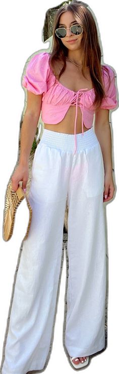 Stretch Long Pants For Beach, Beach Long Pants With Stretch, Stretch Pants With Tie-side Bottom For Beach, Stretch Tie-side Bottom For Beach, Stretch Tie-side Bottoms For Beach Season, Chic Linen Summer Bottoms, White Tie-side Pants For Beach Season, Vacation Loungewear Tie-side Bottoms, Summer Beachwear Bottoms With Pockets