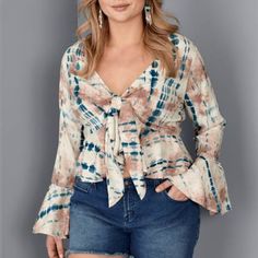 Plus Size 3x Tie-Dye With Tie In Front Of Top Brand New Be Bold When You Step Out In This Daring Tie-Dye Top With Its Self-Tie Sash At The Bust. Cross The Ends And Tie The Sash To Bare Your Midriff And Go As Low-Cut As You Dare! Ruffled Edges With A Back Peplum And Full Bell Sleeves Add A Touch Of Sweetness To This Sexy Top. Plus Sizes:3x (26-28) Hand Dyed; Variations And Color Specks May Occur Functional Tie At Center Front Trumpet Sleeves Fabric Has Minimal Stretch Viscose. It Is A Beautiful T Venus Fashion, Cut Off Jean Shorts, Sleeveless Peplum Top, Crop Top Sweatshirt, Tie Front Top, Womens Tie, Ruffled Sleeve Top, Front Tie Top, Curvy Fashion