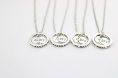 BFF Necklaces for 4, 4 Best Friend Gifts, Four Friend Necklace, Graduation gift set of 4, Friend Jewelry, Long distance friendship gifts RING SAYS: NO MATTER WHERE NO MATTER WHAT Click here for Upgrades and Add On: https://www.etsy.com/se-en/shop/SwedishBeautyDesign?ref=seller-platform-mcnav&section_id=22167108 The product is personalized. Please let me know if you wish to change places of the charms, add more or take away any. Please send me a message for customization. Minimalist style jew Custom Name Stainless Steel Jewelry For Friendship, Customized Jewelry Gift For Best Friend, Customized Round Jewelry For Best Friend, Customizable Round Jewelry For Friendship, Sterling Silver Jewelry For Friendship, Custom Name Sterling Silver Jewelry For Best Friend, Minimalist Custom Name Jewelry For Friendship, Minimalist Jewelry With Custom Name For Friendship, Customized Minimalist Jewelry For Friendship