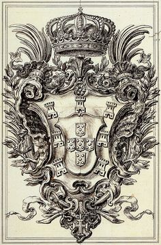 a drawing of a coat of arms with two lions and three crowns on it, surrounded by ornate scrolls