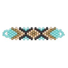 a beaded bracelet with black, blue and gold beads on the end of it