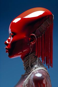 a red sculpture with tassels on it's head against a blue sky