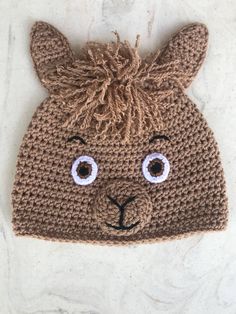 a brown crocheted hat with eyes and ears