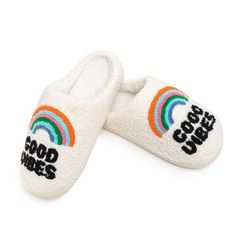 RAINBOW GOOD VIBES SLIPPERS Comfortable Multicolor Slippers For Spring, Comfortable Multicolor Slip-on Slippers, Comfortable Multicolor Flat Slippers, Casual White Slippers For Relaxation, Rainbow Slippers, Cozy Slippers, Blue Lightning, Baby Bling, Kickee Pants