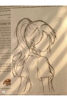 a drawing of a girl with long hair and ponytails in front of a book