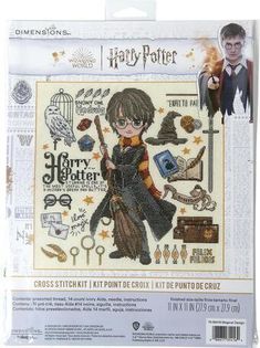 the harry potter cross stitch kit is shown in its package with instructions to make it look like