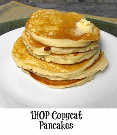 a stack of pancakes on a white plate topped with butter and syrup, along with the words hop copypaat pancakes