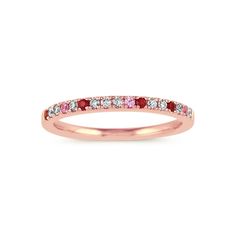 Thea Ruby, Pink Sapphire and Diamond Stackable Ring in 14K Rose Gold | Shane Co. Pink Half Eternity Diamond Ring, Pink Diamond Half Eternity Ring, Pink Ruby Diamond Ring With Multi-stones, Pink Stackable Diamond Ring, Pink Ruby Round Ring, Pink Multi-stone Diamond Ring, Pink Ruby Ring With Round Band, Pink Diamond Ring With Single Cut Diamonds, Fine Jewelry Pink Ruby Ring With Single Cut Diamonds