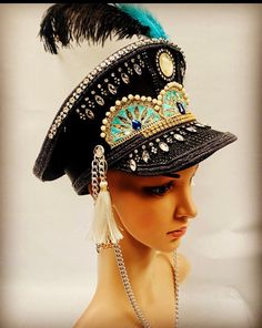 This is a black captain hat.Handcrafted  newspaper print ,with pearls and jewels ,chain , tassels and feather. Truly A feast for the eyes! It is size 59 cm making it a hat that fits most heads making it a free size. This is a hand crafted one off hat made with love, No two hats are the same Burningman Festival, Newspaper Print, Everything Stays, Newspaper Printing, Ibiza Fashion, Costume Hats, Petite Women, Burning Man, Hat Making