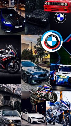 a collage of different cars and motorcycles in multiple pictures, including one with the bmw logo on it