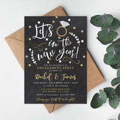 a black and gold engagement party card with foil confetti