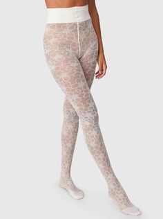 Maja Flower Tights - Ivory – For Days Flower Tights, Pattern Tights, Graphic Floral, White Tights, Stockings Heels, Lace Tights, Pretty Legs, Patterned Tights, Recycled Yarn