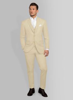 A sophisticated suit even when the heat is trying its very best to have the opposite effect. Crafted from cotton lycra, the beige hue of the Italian Sand Beige Cotton Stretch Suit can do wonders while the lightness of the material will make it an ideal choice when the temperature rises.   Look Includes  Italian Sand Beige Cotton Stretch Fabric  Two Button Jacket Style  Notch Lapel  Corozo Beige Buttons  Single Vent  Three Cuff Buttons  Two Welted Back Pockets on Trousers   You can change the loo Grey Tweed Suit, Herringbone Tweed Jacket, White Linen Suit, Green Velvet Jacket, Peaky Blinders Suit, Royal Blue Suit, Blue Chinos, Herringbone Tweed, Beautiful Suit