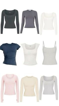 six different types of women's long sleeved shirts in various colors and sizes