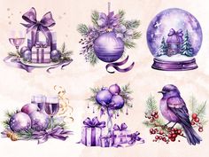 a set of christmas decorations and gifts on a white background with watercolor paint effect