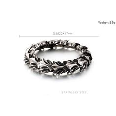 The Ouroboros Dragon Head Bracelet is a bold and striking piece of men's jewelry that combines elements of punk, Vikings, and mythology. Crafted from high-quality stainless steel, this wristband is designed to make a strong statement and exude a sense of strength and power. 【Material】: This bracelet is made of stainless Steel, highly polished, solid and durable.【Unique Design】: The bracelet is designed in the style of dragon. The improved lobster clasp in the shape of dragon head helps it hold firmly around your wrist. The link chain is designed in the shape of dragon bones and scales.【Dimension】: Chain length: 7.8 in (20cm). Width: 0.4 in (10mm). Weight: 1.36oz (38.5g).【Care of Health】: The viking bracelet does not include harmful elements such as Lead, Nickel and Cadmium, which can adver Adjustable Stainless Steel Punk Bracelets, Silver Metal Bangle Wristband, Silver Metal Bangle, Punk Style Metal Bangle Bracelet, Stainless Steel Bracelet For Streetwear, Gothic Silver Stainless Steel Bracelets, Gothic Metal Bracelet Wristband, Gothic Metal Wristband Bracelet, Silver Punk Bracelet For Streetwear