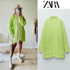 Open Front Cardigan With Long Sleeves Ribbed Trim Neon Green Oversized Cable Knit Cardigan For Spring, Chic Knitted Sweater Coat For Spring, Casual Cable Knit Outerwear By Zara, Zara Casual Cable Knit Outerwear, Casual Zara Cable Knit Outerwear, Trendy Oversized Sweater Coat For Spring, Zara Cable Knit Outerwear For Fall, Zara Long Sleeve Cable Knit Outerwear, Spring Cable Knit Cardigan