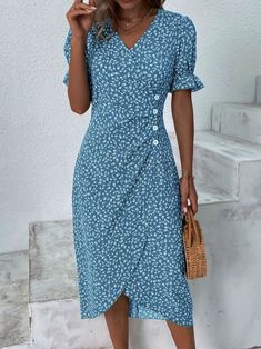 Ditsy Floral Flounce Sleeve Wrap Hem Dress | justfashionnow Printed Non-stretch Short Sleeve Midi Dress, Casual Fitted Midi Dress With V-neck, Fitted Short Sleeve Midi Dress For Beach, Fitted Short Sleeve Midi Dress For Vacation, Casual Printed Short Sleeve Midi Dress, Fitted Short Sleeve Casual Midi Dress, Casual Fitted Midi Dress With Short Sleeve, V Neck Midi Dress, Vestido Casual