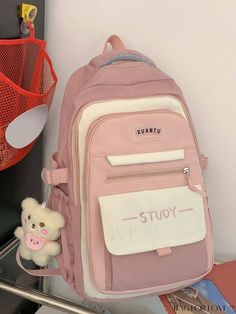 BagForLove - Charming Pink Functional Backpack with Zipper - Preppy Cartoon Letter Print Pink Letter Print Backpack For Everyday Use, Functional Backpack, White Backpack, Pink Letter, Cartoon Letters, Estilo Preppy, Kit Bag, Pink Backpack, Word Wrap