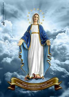 an image of the virgin mary on clouds