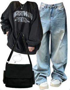 OOTD: Round Neck Sweatshirt + Washed Baggy Jeans + Large Canvas Satchel Bag Baggy Sweaters Outfits, Baggy Clothes Outfit, Baggy Outfit Ideas, Jeans Large, Canvas Satchel, Hijab Trends, Jung So Min, Baggy Clothes