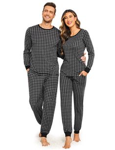 PRICES MAY VARY. 【Soft MATERIAL】Ekouaer Pajama Set made of stretchy and comfortable fabric,superbly lightweight,breathable,keep you easeful while sleeping at night,Enjoy the sweet time between couples 【Buffalo Plaid Pajamas】Pajamas for women and men pj set,the long sleepwear is designed with classic and fashion plaid,Allows you to be comfortable at home and convenient to go out 【Couples Pj Set】Him and Her couples pajama set,the long sleeve pj tops' neckline and cuffs are designed with contrast;p Casual Black Sets For Relaxation, Comfortable Black Sleepwear For Loungewear, Casual Black Home Sets, Comfortable Stretch Black Sleepwear, Comfortable Black Sleepwear For Pajama Party, Black Long Pants Pajama Party Set, Black And White Plaid Pajamas Couple, Black Loungewear Set With Long Pants, Comfortable Black Cotton Sleepwear