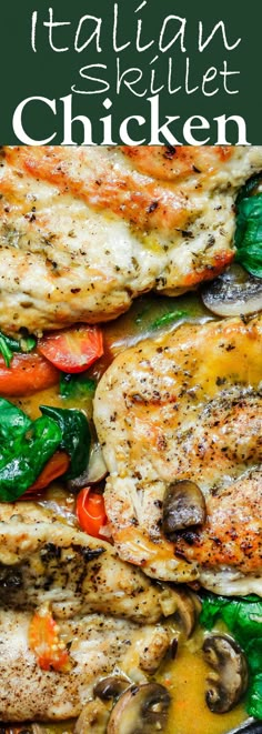 chicken with spinach, peppers and mushrooms in a skillet on a white plate