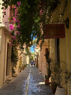 an alley way with potted plants and people walking down it