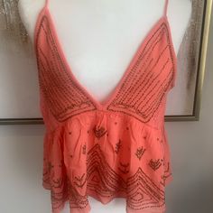 Nwt Free People Beaded Camisole Coral With Brass Color Seed Beads Extra Beads Included 100% Viscose Peplum Glamorous Summer V-neck Camisole, Summer Tank Top With Sequins And Spaghetti Straps, Summer Sequin Spaghetti Strap Tank Top, Spring Embellished V-neck Tank Top, Summer Sequin Cami Tank Top, Summer Cami Tank Top With Sequins, Summer Vacation Tops With Sequins, Summer Vacation Sequin Tops, Beaded Tops For Night Out In Spring