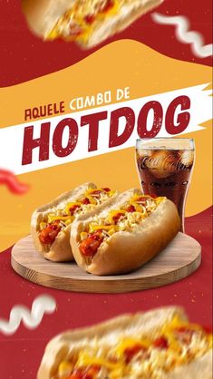 two hotdogs with toppings and a drink on a wooden board in front of an orange background