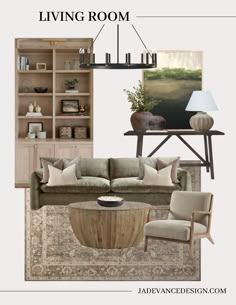 the living room is decorated in neutral tones