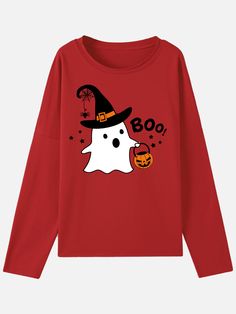 Women Halloween Sweatshirt Boo Pumpkins Funny Humor Print Sweatshirt Red Cartoon Print Sweatshirt For Fall, Red Long Sleeve T-shirt With Cartoon Print, Spooky Long Sleeve T-shirt For Winter, Red Long Sleeve T-shirt For Halloween, Fall Long Sleeve T-shirt With Character Print, Red Long Sleeve Sweatshirt For Halloween, Red Long-sleeve T-shirt With Cartoon Print, Red Long Sleeve Top For Halloween, Red Long Sleeve Tops For Halloween