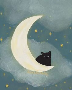 a black cat sitting on top of a crescent moon with stars in the night sky