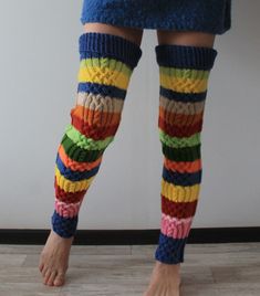 READY TO SHIP Handmade knit over knee leg warmers Cable knit thigh high striped leg warmers. These hand knitted leg warmers are the perfect cold-weather accessory! Whether going out or staying in, keep warm and fashionable. These knitted leg warmers are not only warm, but they are cute and cozy! Wear them slouchy, knee-high, or stretched over the knee. Whatever way you choose, these legwarmers are sure to make you look and feel fabulous! Use them as bed thigh high leg warmers to keep your feet warm on cold nights at home. length - 68 cm (26.7 inches) Thigh circumference - 48 cm (18.9 inches) To avoid slipping, use elastic bands or suspenders (not included) Models 170 cm tall and wear M/L size Yarn: wool, alpaca wool, merino wool, wool blend, polyamide, acrylic Care: Hand Wash, max 30oC Don Winter Striped Knee-high Socks For Stocking Stuffers, Knee-high Striped Winter Socks, Stretch Striped Socks For Winter, Striped Stretch Socks For Winter, Striped Knee-high Winter Socks, Winter Striped Stretch Socks, Thick Knitted Knee-high Leg Warmers, Blue Knee-high Leg Warmers For Winter, Fitted Blue Knee-high Socks For Winter