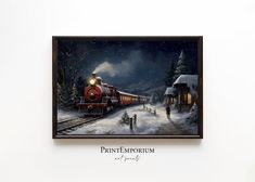 a painting of a train in the snow