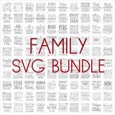 the word family svg bundle is shown in red and black on a white background