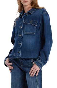 An oversized silhouette means laid-back cool in this modern denim jacket featuring a released frayed hem for deconstructed detail. 21" length Spread collar Unlined 95% cotton, 4% polyester, 1% spandex Machine wash, tumble dry Imported Relaxed Fit Denim Jacket With Frayed Hem, Frayed Hem Denim Jacket For Work In Fall, Fall Workwear Denim Jacket With Frayed Hem, Fall Denim Jacket With Frayed Hem For Work, Washed Blue Denim Jacket With Frayed Hem, Washed Blue Long Sleeve Denim Jacket With Frayed Hem, Medium Wash Denim Top With Frayed Hem For Fall, Blue Cotton Denim Jacket With Frayed Hem, Fall Denim Top With Frayed Hem In Medium Wash