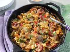 a skillet filled with food on top of a table