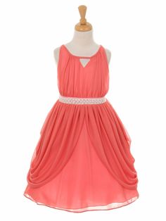 Coral Chiffon Pleated Pearl Belt Dress Layered Chiffon Dress, Pearl Belt, Pleated Chiffon Skirt, Girls Special Occasion Dresses, Gathered Dress, Bodice Dress, Girly Dresses