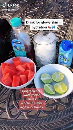 the food is prepared and ready to be eaten on the table with watermelon