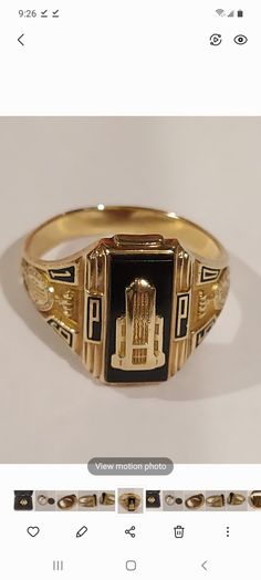 "This is a 10K yellow gold High School class ring from Bloom High School in Chicago Heights, Illinois. The emblem in the center of the ring is the actual School. The letter \"P\" flanks each side. The sides say \"Bloom Township High School\" on both side panels of the ring. It's in good condition, but has some wear due to its age. The year is 1950, so it's 72 years old! Its stamped 10K and Josten inside the ring. It's size is 9 1/4. What a great piece of memorabilia from the Chicagoland area." High School Rings, Class Rings College, Class Rings High School, School Rings, Chicago Heights, Class Rings, The Letter P, High School Classes, School Class