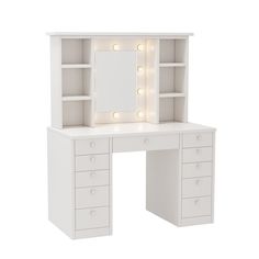 a white desk with drawers and lights on the top, in front of a white background